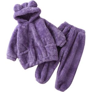 Arssm Girl Pants Sets Two Pieces Outfit Kids Bear Ear Fuzzy Fluffy Hoodie Sweatshirt with Fleece Sweatpants(Purple)