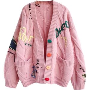 Arssm Graphic Sweaters for Women Oversized Kawaii Embroidered Graphic V Neck Cable Knit Cardigan (Pink-S)