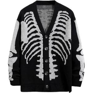 Arssm Men Skeleton Cardigan Sweater Oversized Fall Graphic Long Sleeve Knit Y2K Button Down V Neck Sweater Outwear(Black)