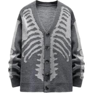 Arssm Men Skeleton Cardigan Sweater Oversized Fall Graphic Long Sleeve Knit Y2K Button Down V Neck Sweater Outwear(Grey)