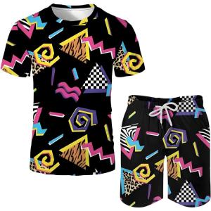 Arssm Men’s 2 Pieces 80s 90s Outfit Vintage Shirts and Shorts Set Beach Suit Quick Dry Tracksuits for Retro Summer Party(Black)