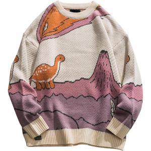 Arssm Mens Oversized Dinosaur Knit Pullover Sweater Fashion Cartoon Unisex Sweater Long Sleeve Crewneck Vintage Tops(Beige)