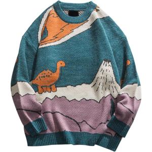 Arssm Mens Oversized Dinosaur Knit Pullover Sweater Fashion Cartoon Unisex Sweater Long Sleeve Crewneck Vintage Tops(Blue)