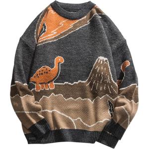 Arssm Mens Oversized Dinosaur Knit Pullover Sweater Fashion Cartoon Unisex Sweater Long Sleeve Crewneck Vintage Tops(Grey)
