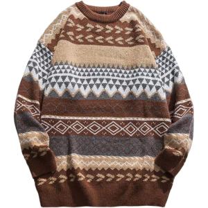 Arssm Mens Vintage Sweater Grandpa Oversized Cable Knit Crewneck Pullovers Casual Long Sleeve Striped Sweater(Brown)