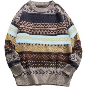 Arssm Mens Vintage Sweater Grandpa Oversized Cable Knit Crewneck Pullovers Casual Long Sleeve Striped Sweater(Grey)