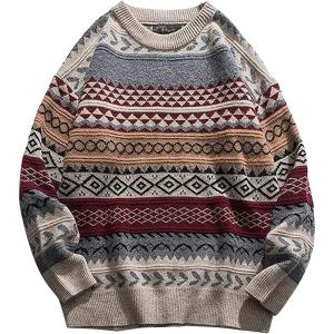 Arssm Mens Vintage Sweater Grandpa Oversized Cable Knit Crewneck Pullovers Casual Long Sleeve Striped Sweater(Red)