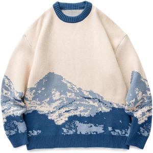 Arssm Mens Vintage Sweater Grandpa y2k Oversized Casual Cable Knit Sweater Pullover Graphic Crewneck Tops(Blue)