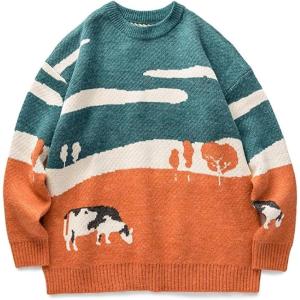 Arssm Mens Vintage Sweater Grandpa y2k Oversized Casual Cable Knit Sweater Pullover Graphic Crewneck Tops(Orange)