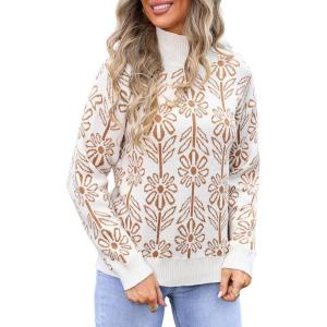 Arssm Pullover Sweaters Women Mock Neck Long Sleeve Flower Knit Sweaters Tops Fall Outfits(Khaki)