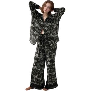 Arssm Women 2 Piece Satin Silk Pajama Set Floral Long Sleeve Pajamas Soft Button Down Pjs Set Sleepwear(Black)