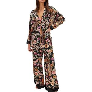 Arssm Women 2 Piece Satin Silk Pajama Set Floral Long Sleeve Pajamas Soft Button Down Pjs Set Sleepwear(Blackfloral)