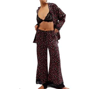 Arssm Women 2 Piece Satin Silk Pajama Set Floral Long Sleeve Pajamas Soft Button Down Pjs Set Sleepwear(Blackrose)
