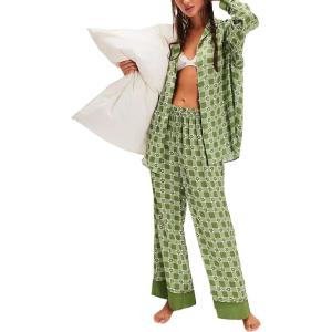 Arssm Women 2 Piece Satin Silk Pajama Set Floral Long Sleeve Pajamas Soft Button Down Pjs Set Sleepwear(Green)