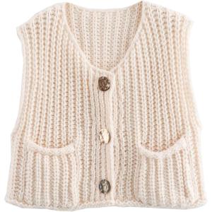 Arssm Women Button Down Sweater Vest Sleeveless Crop Knit Cardigan Cropped Knitted Sweater Vest with Pockets(Beige)