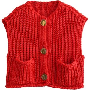 Arssm Women Button Down Sweater Vest Sleeveless Crop Knit Cardigan Cropped Knitted Sweater Vest with Pockets(Red)