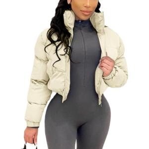 Arssm Women Cropped Puffer Jackets Casual Winter Warm Padding Quilted Crop Short Coat(Beige)