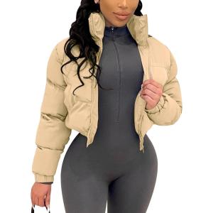 Arssm Women Cropped Puffer Jackets Casual Winter Warm Padding Quilted Crop Short Coat(Lightkhaki)