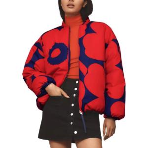 Arssm Women Cropped Puffer Jackets Floral Print Winter Quilted Coats Lightweight Pattern Puffy Padded Outerwear Coats(Red-S)