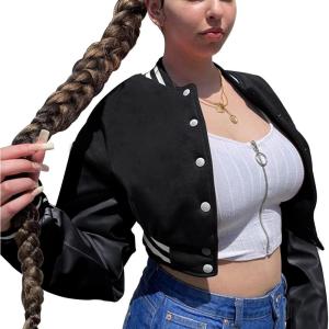 Arssm Women Cropped Varsity Jacket Spring Letterman Baseball Faux Leather Colorblock Bomber Jacket Outerwear(Black)