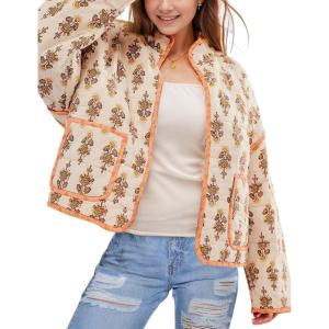 Arssm Women Floral Quilted Puffer Jacket Cropped Lightweight Patchwork Vintage Padded Short Coat Outerwear(Apricot)