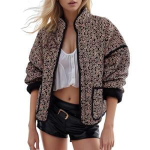 Arssm Women Floral Quilted Puffer Jacket Cropped Lightweight Patchwork Vintage Padded Short Coat Outerwear(Greenfloral)