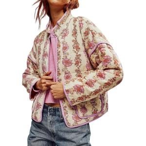 Arssm Women Floral Quilted Puffer Jacket Cropped Lightweight Patchwork Vintage Padded Short Coat Outerwear(Purple)