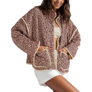 Arssm Women Floral Quilted Puffer Jacket Cropped Lightweight Patchwork Vintage Padded Short Coat Outerwear(Red)