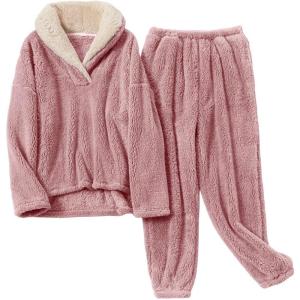 Arssm Women Fluffy Pajamas Set Fleece Pajamas Winter Warm Loose Plush Fuzzy Sets 2 Piece Cozy Sleepwear(Pink)