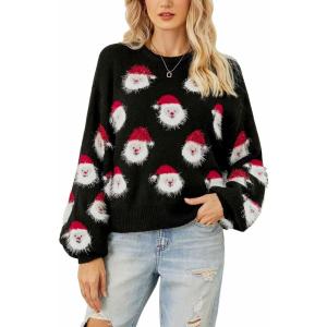 Arssm Women Santa Sweater Ugly Christmas Sweater Funny Xmas Holiday Party Knitted Cozy Pullover Sweatshirts Tops(Black)