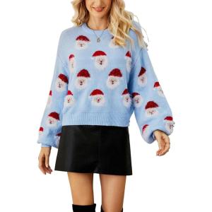 Arssm Women Santa Sweater Ugly Christmas Sweater Funny Xmas Holiday Party Knitted Cozy Pullover Sweatshirts Tops(Blue)