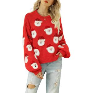 Arssm Women Santa Sweater Ugly Christmas Sweater Funny Xmas Holiday Party Knitted Cozy Pullover Sweatshirts Tops(Red)