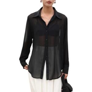 Arssm Women Sheer Button Up Blouse Mesh Long Sleeve Sexy See Through Tops Fashion Trendy Mesh Shirts Tops(Black)