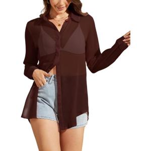 Arssm Women Sheer Button Up Blouse Mesh Long Sleeve Sexy See Through Tops Fashion Trendy Mesh Shirts Tops(Brown)