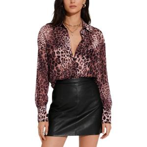 Arssm Women Sheer Button Up Blouse Mesh Long Sleeve Sexy See Through Tops Fashion Trendy Mesh Shirts Tops(Leopard)