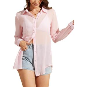 Arssm Women Sheer Button Up Blouse Mesh Long Sleeve Sexy See Through Tops Fashion Trendy Mesh Shirts Tops(Pink)