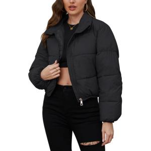 Arssm Women Short Puffer Jackets Winter Cropped Puffy Coat Padded Full Zip Stand Collar Outerwear with Pockets(Black)