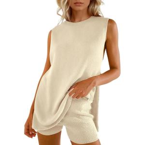 Arssm Women Summer Sleeveless Sweater Sets Knit 2 Piece Outfits Tunic Tank Top Matching Shorts Vacation Beach Sets(Apricot-M), Medium