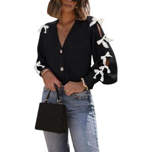 Arssm Women V Neck Long Sleeved Bow-Knotted Knitted Cardigan Button Sweet Darling Bow Embellished Cardigan(Black)