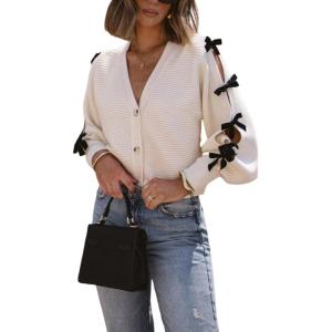Arssm Women V Neck Long Sleeved Bow-Knotted Knitted Cardigan Button Sweet Darling Bow Embellished Cardigan(White)