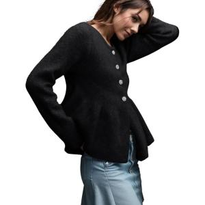 Arssm Womens Button Down Peplum Sweater Cardigan Long Sleeve Crewneck Lightweight Ribbed Knit Top(Black-L)