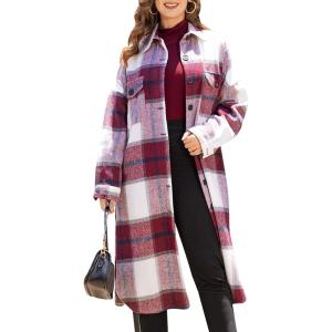 Arssm Women’s Casual Button Down Lapel Plaid Shirt Coat Tartan Shacket Jacket With Pockets(WineRed-XL)