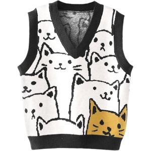 Arssm Womens Cat Print Pullover Sweater Vest V Neck Sleeveless Knit Vests 2025 Pullover Knitted Tank Top(Black)