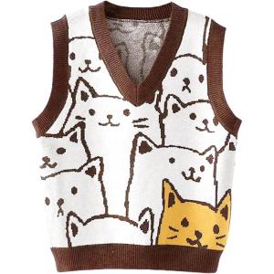 Arssm Womens Cat Print Pullover Sweater Vest V Neck Sleeveless Knit Vests 2025 Pullover Knitted Tank Top(Brown)