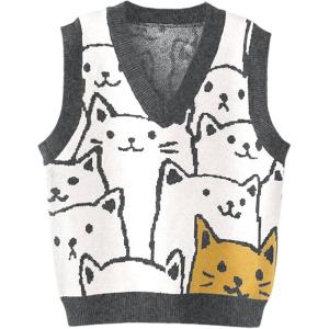 Arssm Womens Cat Print Pullover Sweater Vest V Neck Sleeveless Knit Vests 2025 Pullover Knitted Tank Top(Darkgrey)