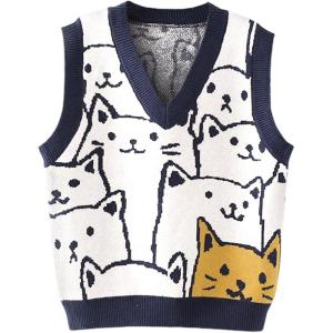 Arssm Womens Cat Print Pullover Sweater Vest V Neck Sleeveless Knit Vests 2025 Pullover Knitted Tank Top(Navy)