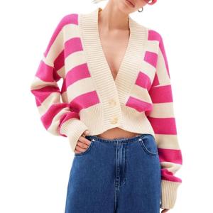 Arssm Womens Color Block Striped Sweater Long Sleeve Cardigans Button Down V Neck Knit Top Fashion 2024 Knitwear(Pink)