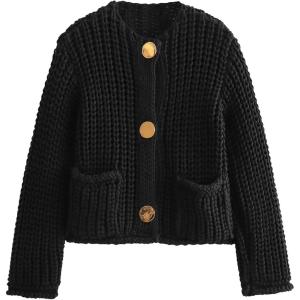 Arssm Womens Cropped Cardigan Sweaters Chunky Open Front Button Down Knit Sweater Long Sleeve Loose Cardigan Outerwear(Black)