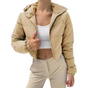 Arssm Womens Cropped Puffer Jacket Fashion Casual Hooded Zipper Long Sleeve Winter Warm Bubble Coat(Lightkhaki)