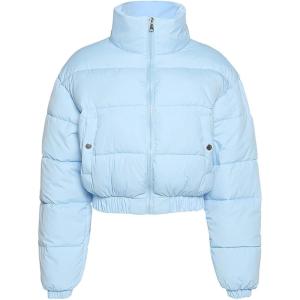 Arssm Womens Cropped Puffer Jacket Warm Winter Padded Quilted Long Sleeve Zip Up Casual Short Bubble Coat with Pockets (Blue-L)